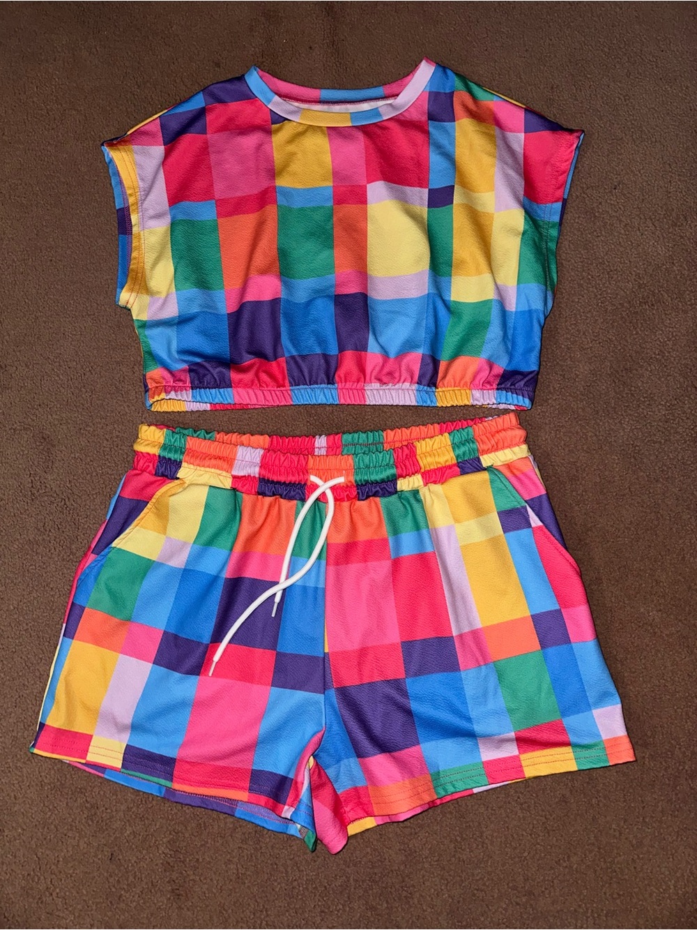 SHEIN Multicolor Plaid Cropped Tee and Shorts Set